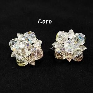 Coro Aurora Borealis Crystal Clip Earrings Silver Tone 1950s Vintage Jewelry